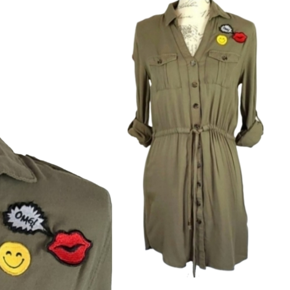 Army Olive Green Patched Shirt Dress